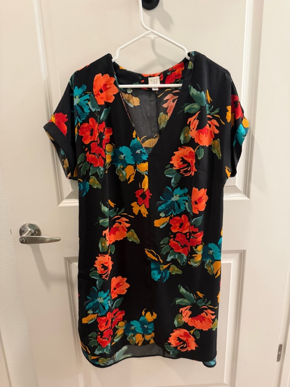 a new day Black Mini Dress with Red, Teal & Orange Floral Print